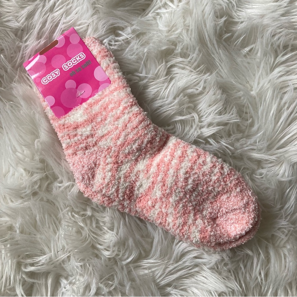 74- Cosy Socks Plush Pink & White Zebra Striped Crew Socks